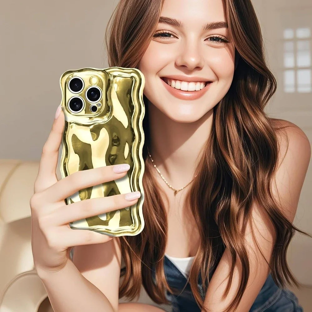 3D Meteorite Bubble Pattern, Glossy Cover (iPhone 14 Pro Max, Gold)‎ (4908)